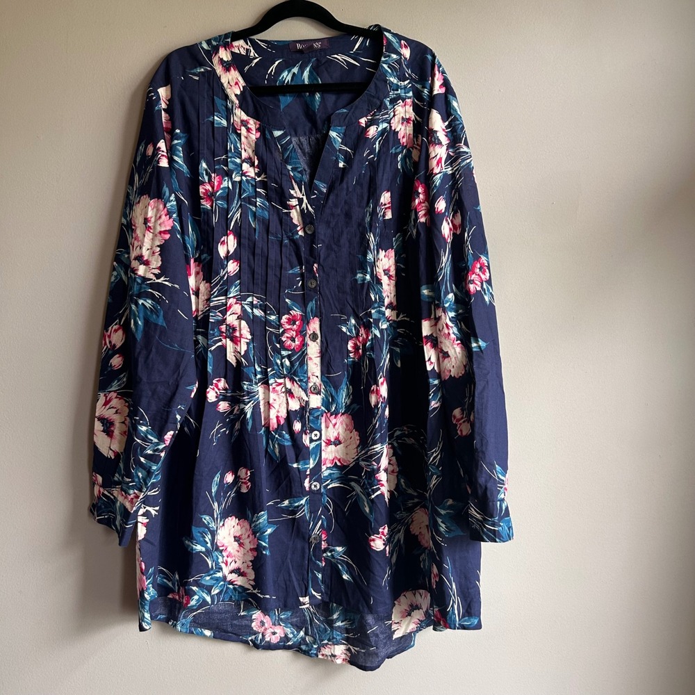 Roaman's Women 22W‎ Navy Pink Floral Cotton Pintuck Button Front Tunic Blouse